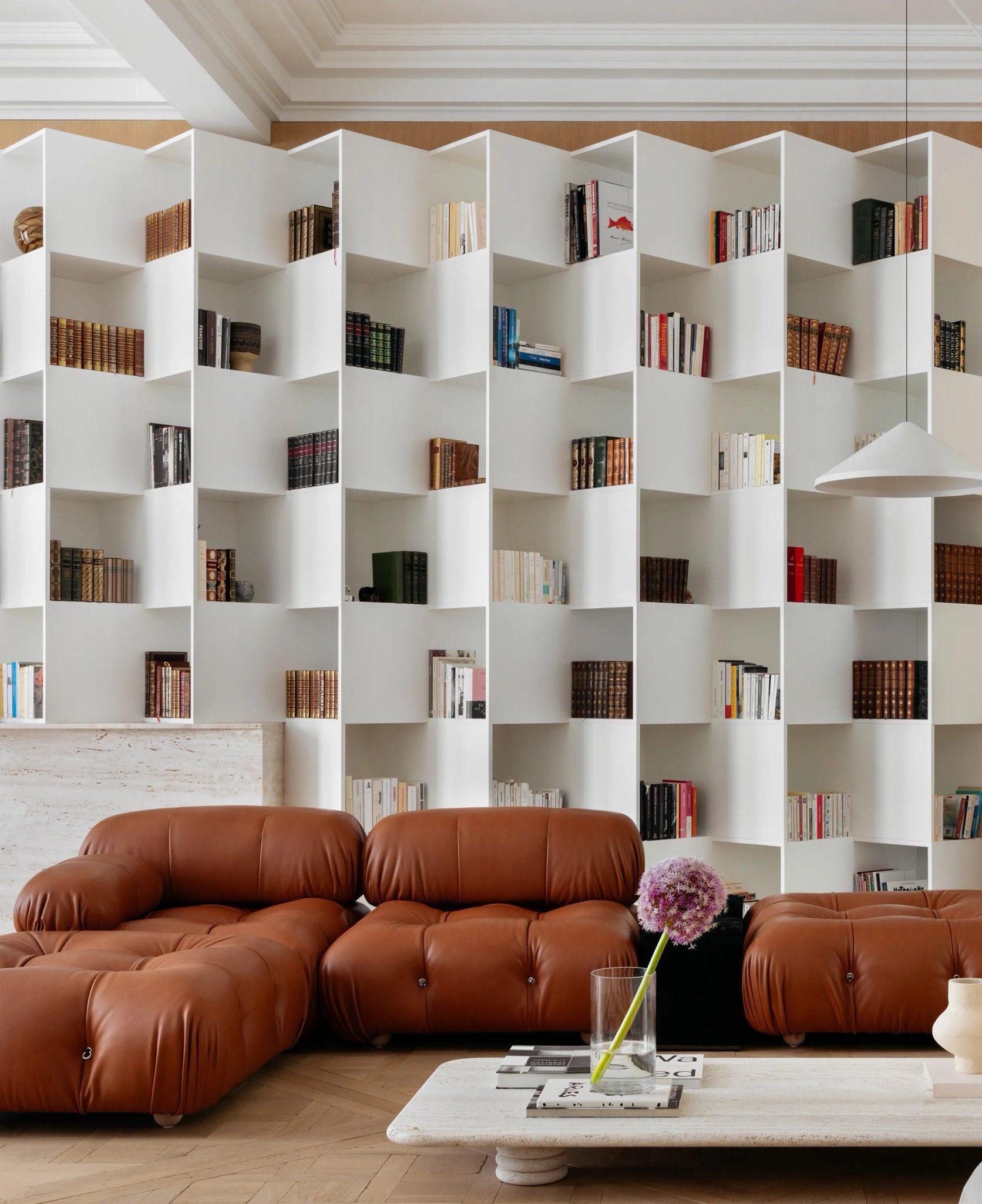 Modern interior with zigzag bookshelves